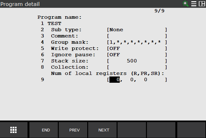 The Program detail screen on the teach pendant with item 9, Num of local registers (R,PR,SR), set to 0, 0, 0