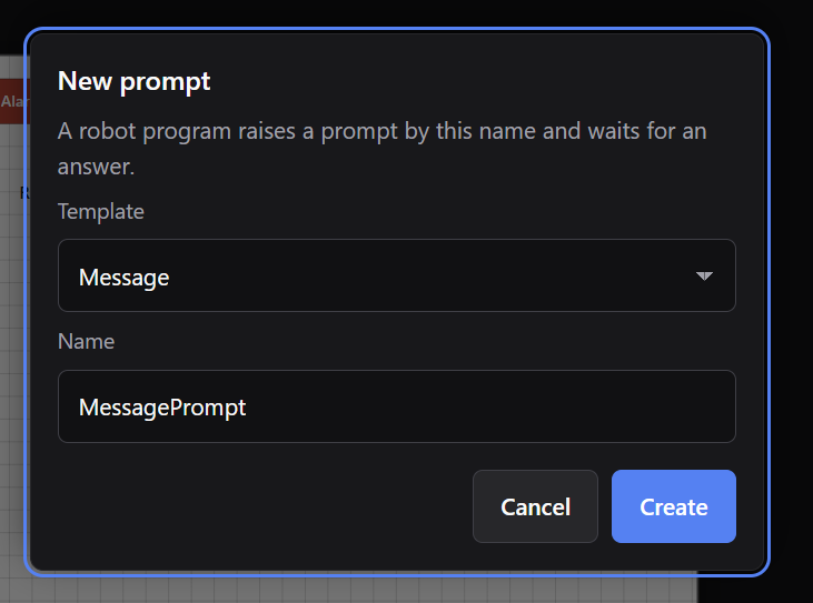 Selecting the Message prompt template in HMI Forge
