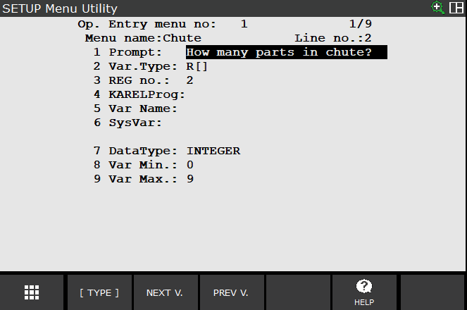The Menu Utility setup screen for an operator entry line storing an INTEGER in R[2] with a min of 0 and a max of 9
