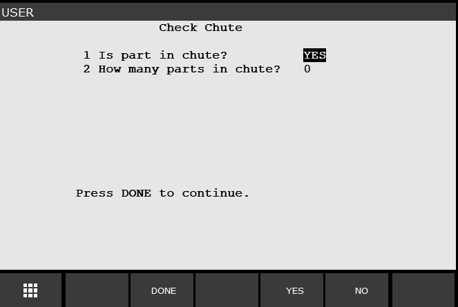 The resulting operator entry screen on the teach pendant with a boolean and a numeric item, and a DONE softkey