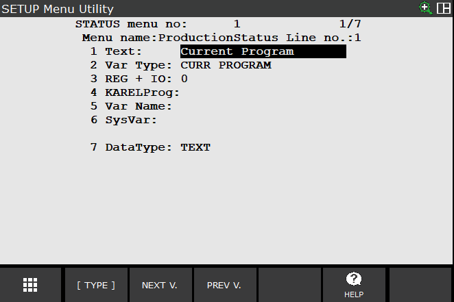The Menu Utility setup screen for one status menu line, showing the label, variable type and data type