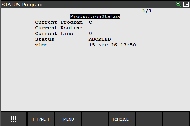 The resulting status page on the teach pendant showing current program, routine, line, status and time