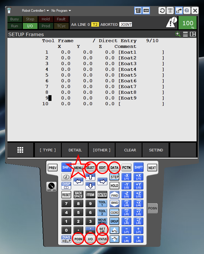 the FANUC teach pendant with several keys highlighted