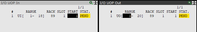 FANUC UOP output mapping on the I/O UOP Out screen: rack 89, slot 1, start 1